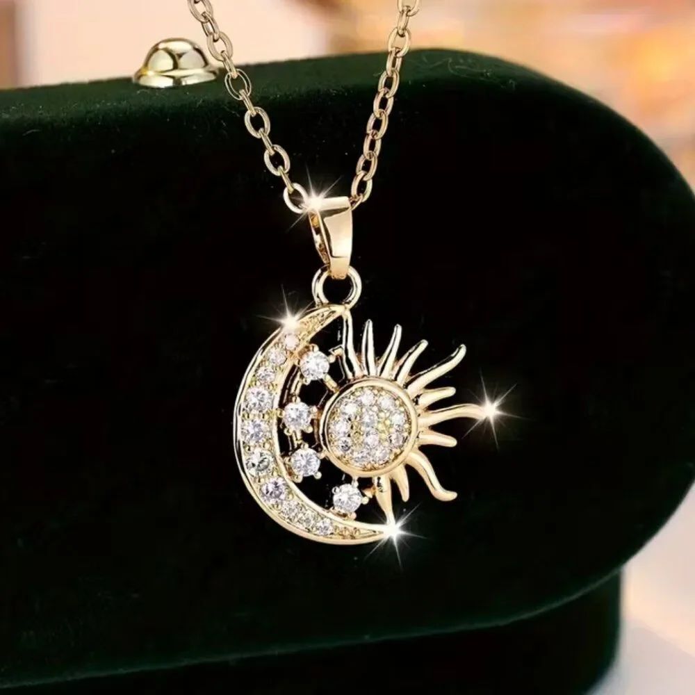 Gold Sun Moon Pendant Necklace Cubic Zirconia Celestial Charm Jewelry Present